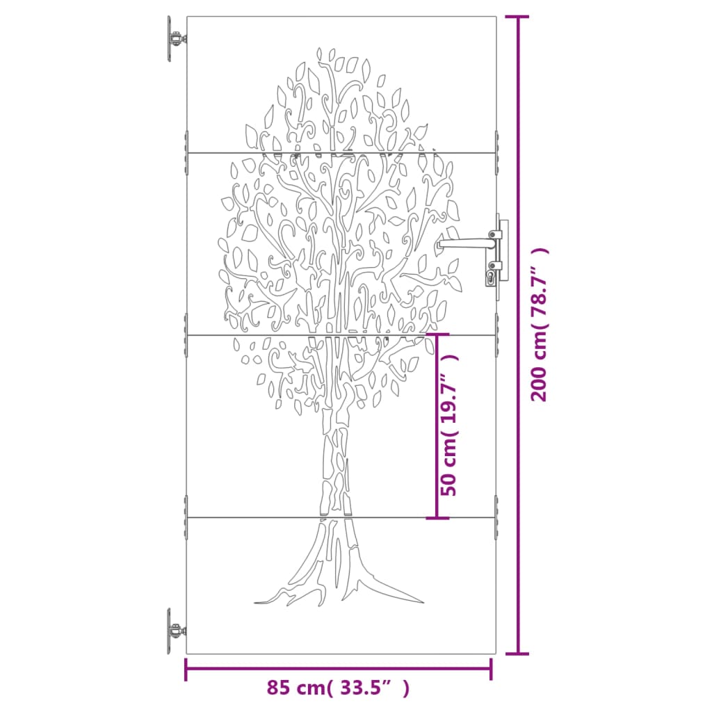 Portão de jardim 85x200 cm aço corten design árvore