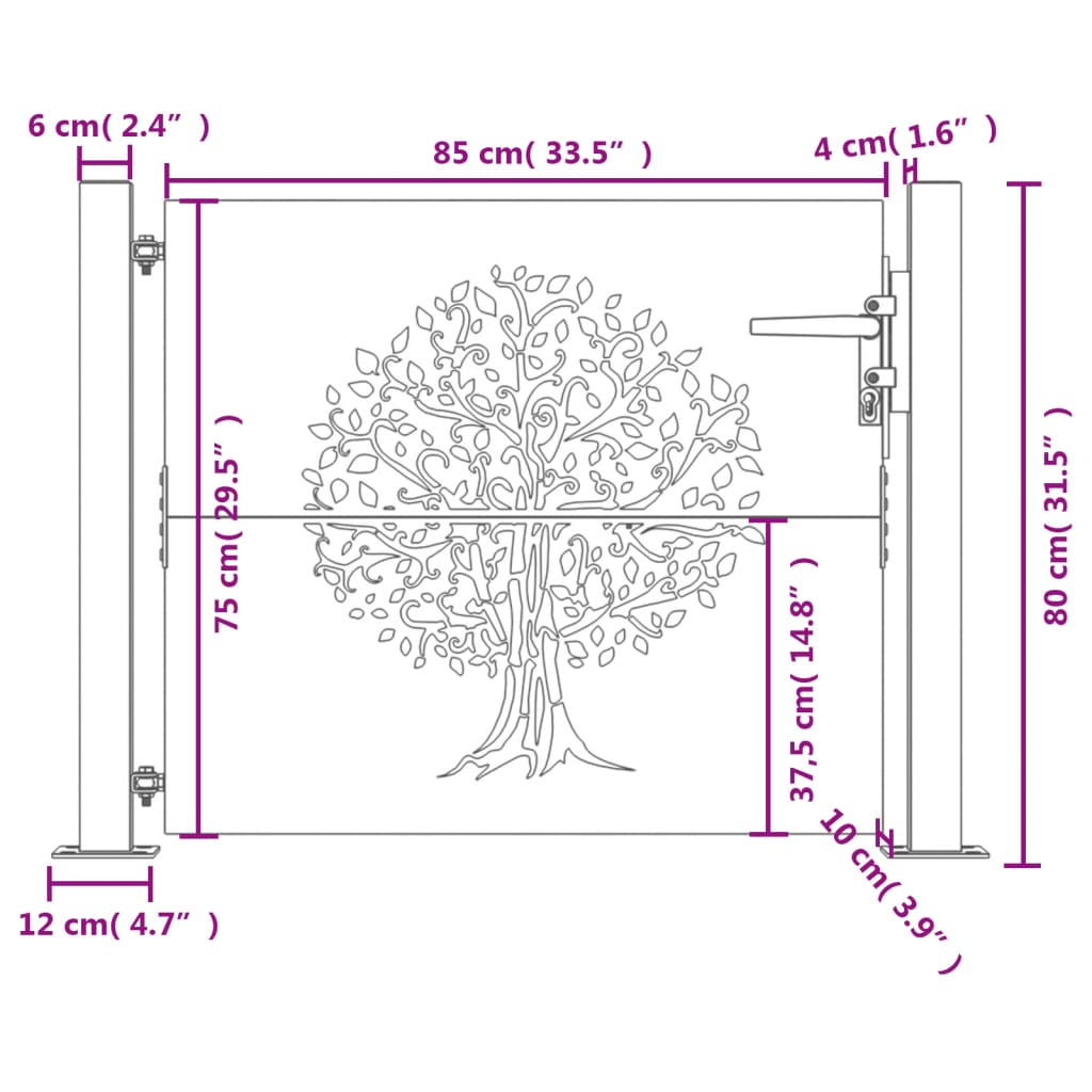 Portão de jardim 105x80 cm aço corten design árvore