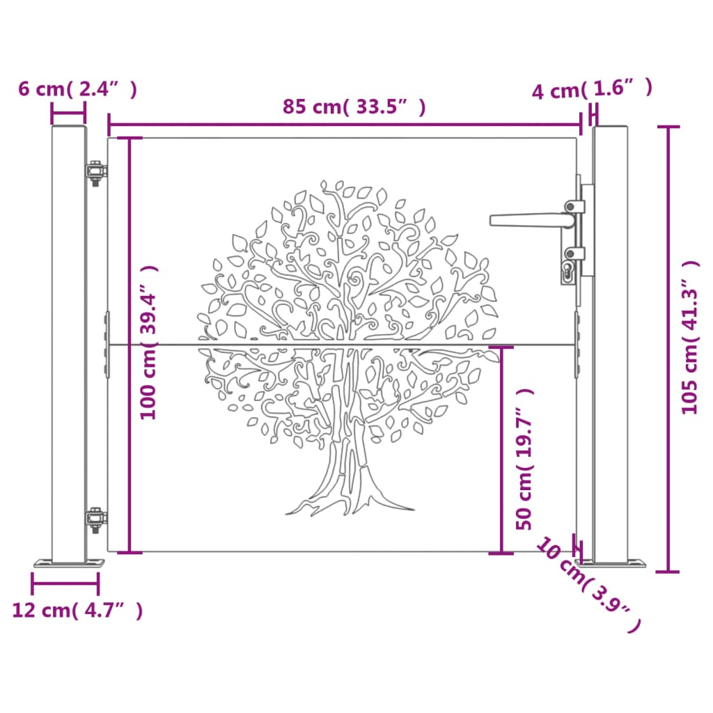 Portão de jardim 105x105 cm aço corten design árvore