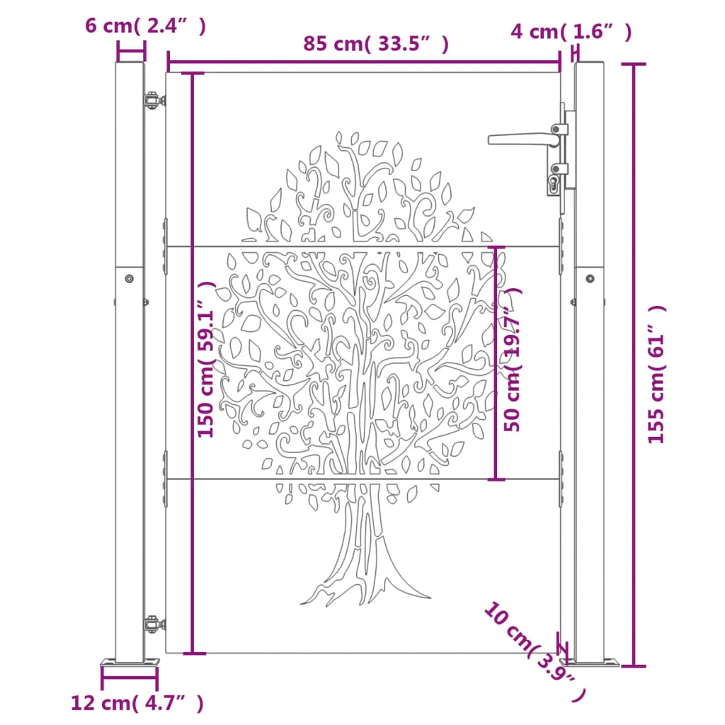 Portão de jardim 105x155 cm aço corten design árvore