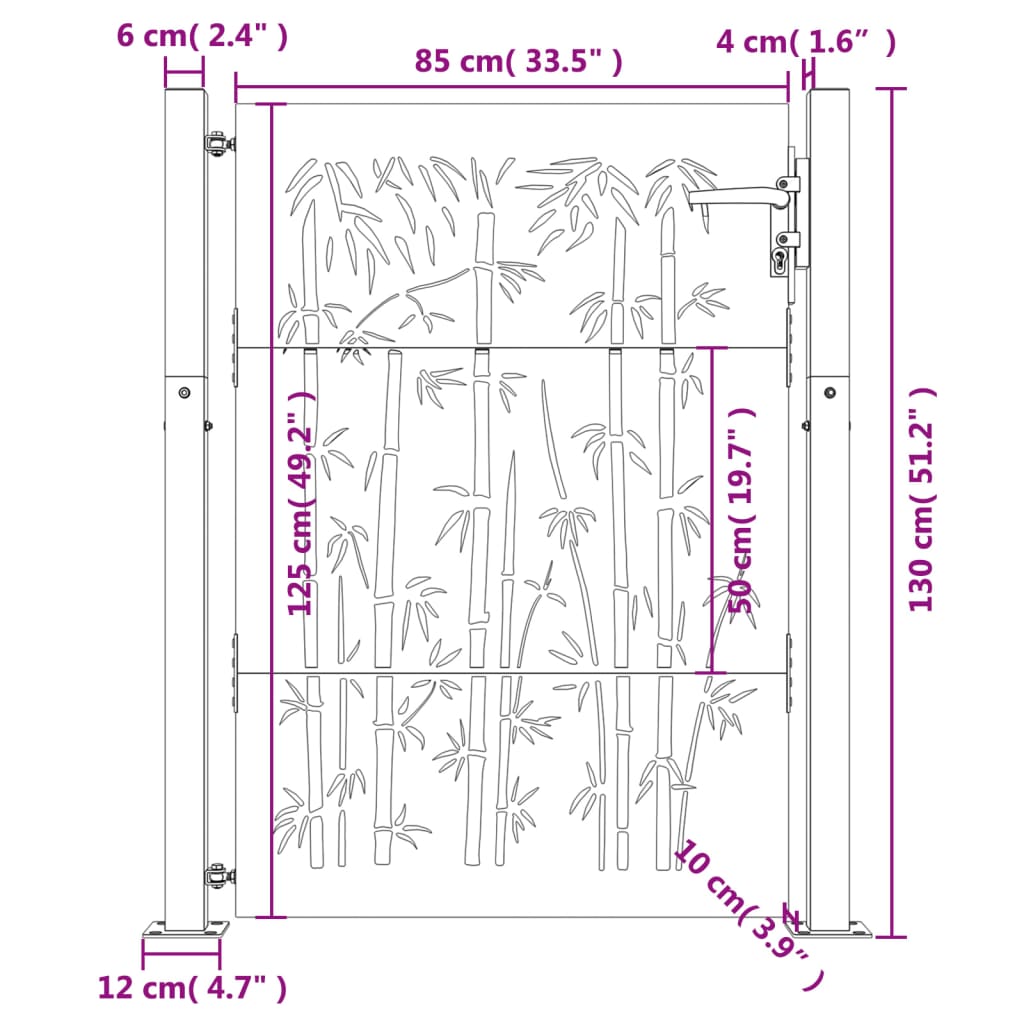 Portão de jardim 105x130 cm aço corten design bambu