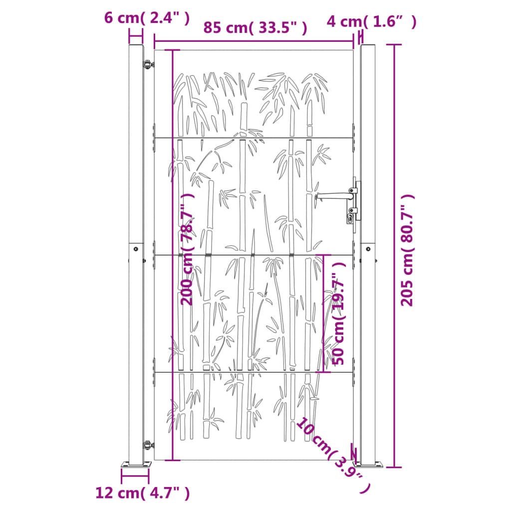 Portão de jardim 105x205 cm aço corten design bambu