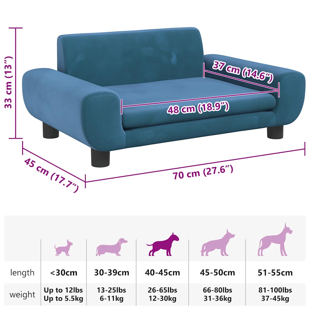 Cama para cães 70x45x33 cm veludo azul