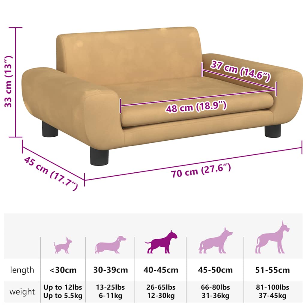 Cama para cães 70x45x33 cm veludo castanho