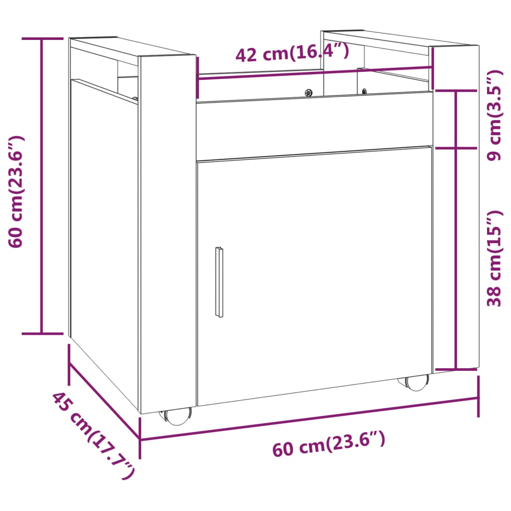 Carrinho secretária 60x45x60cm deriv. madeira branco brilhante