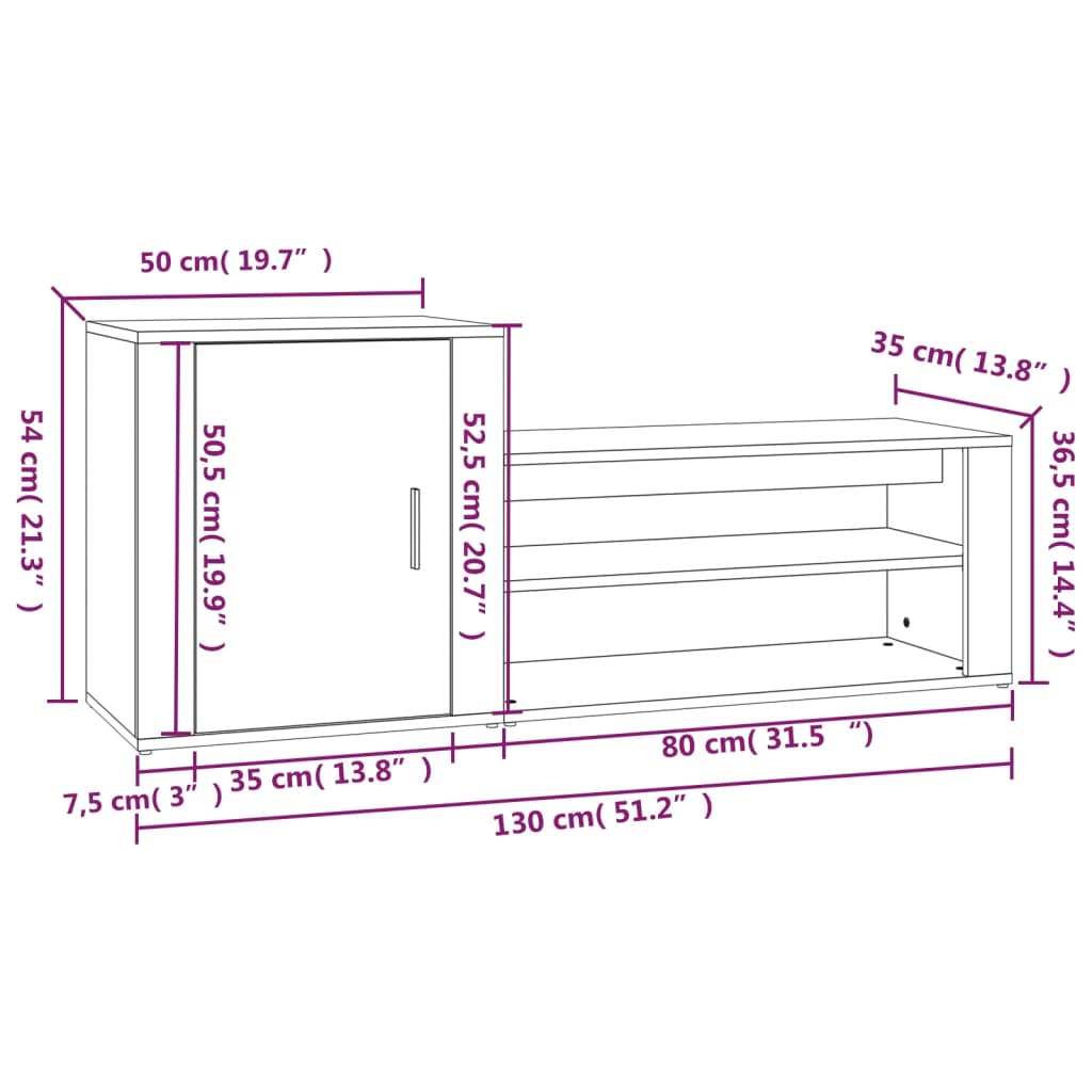 Sapateira Kiva - Com 1 Porta e 2 Prateleiras - Cor Carvalho Sonoma - 130x35x54 cm - Derivados de Madeira - Design Minimalista