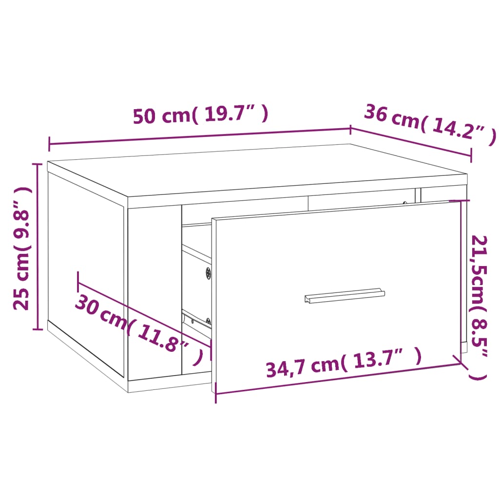 Mesa de cabeceira de parede 50x36x25 cm branco brilhante