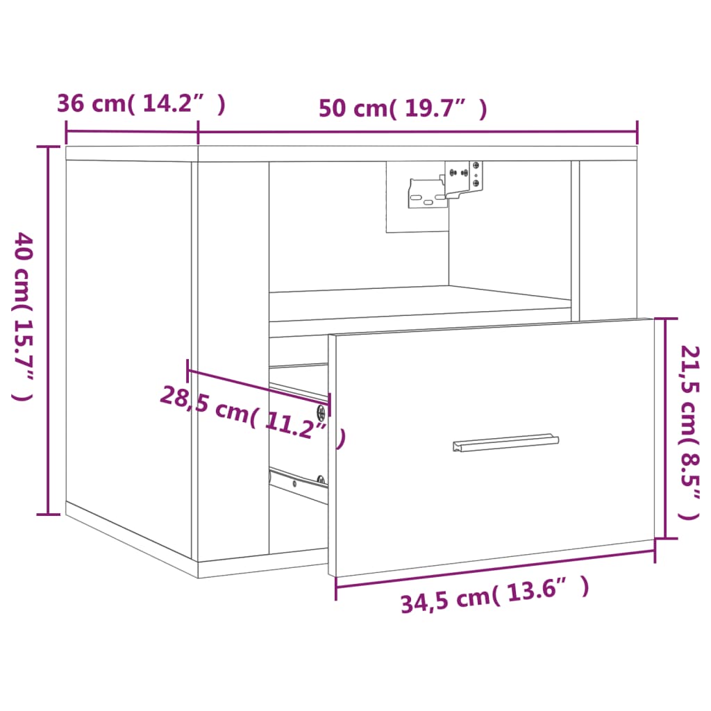 Mesa de cabeceira de parede 50x36x40 cm branco