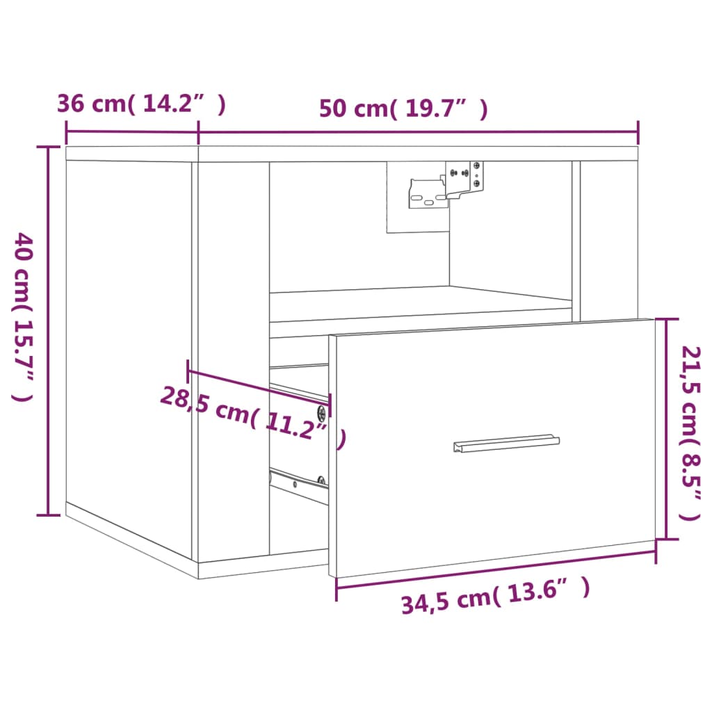 Mesa de cabeceira de parede 50x36x40 cm carvalho sonoma