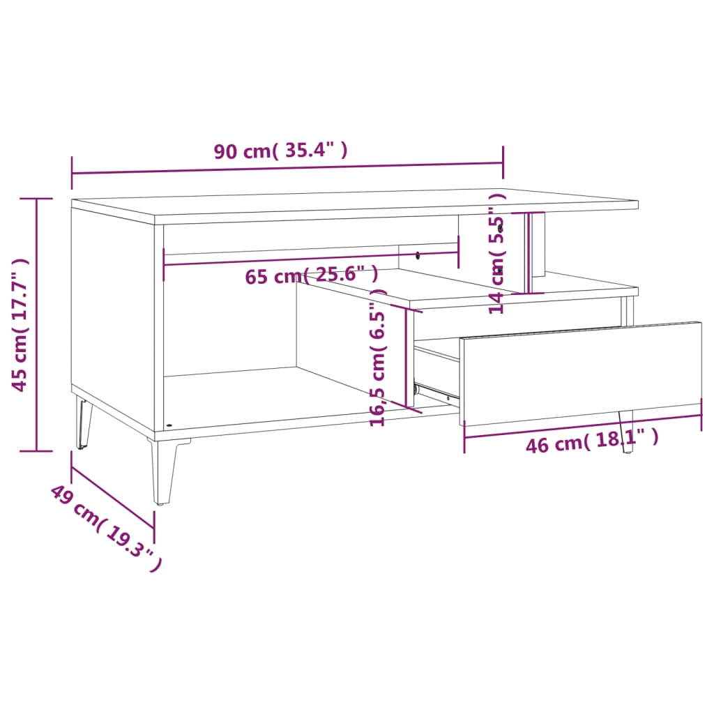 Mesa de centro 90x49x45 derivados de madeira cinzento cimento