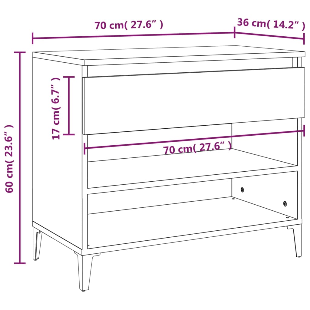 Sapateira Laura - Com 1 Gaveta e 2 Prateleiras - Cor Branco - 70x36x60 cm - Derivados de Madeira - Pernas em Metal - Design Nórdico