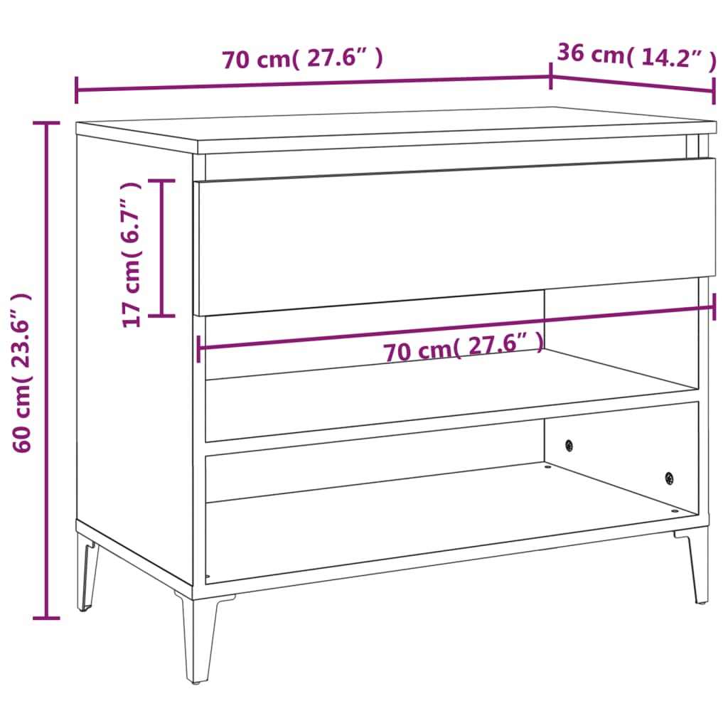 Sapateira Laura - Com 1 Gaveta e 2 Prateleiras - Cor  Cinzento Cimento - 70x36x60 cm - Derivados de Madeira - Pernas em Metal - Design Nórdico