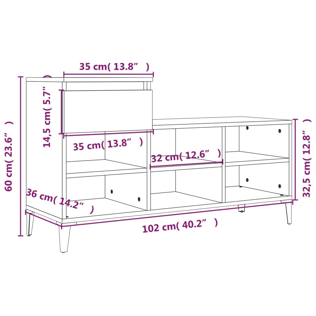 Sapateira Anuca - Com 1 Gaveta, Banco e 6 Prateleiras - Cor Branco Brilhante - 102x36x60 cm - Derivados de Madeira e Pernas em Metal