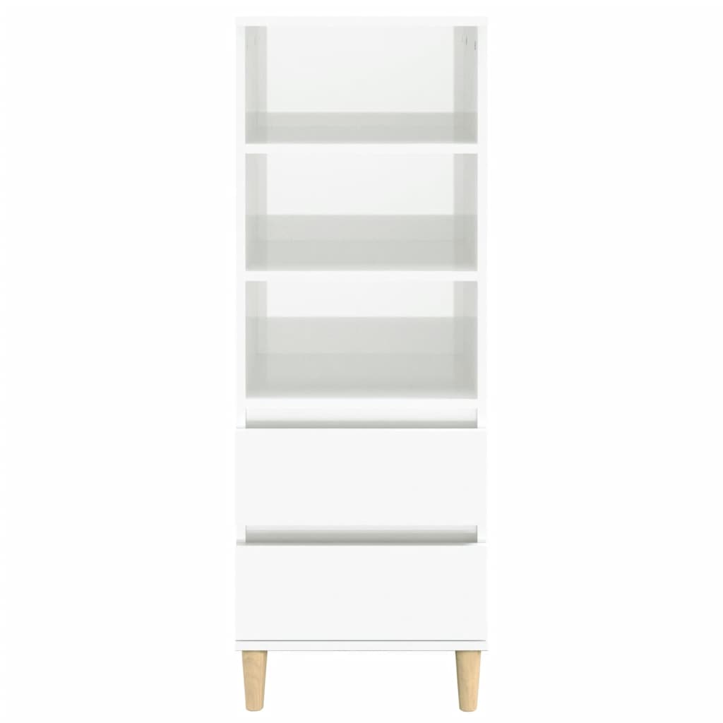 Aparador Lírio - Cor Branco Brilhante - Com 3 Prateleiras e 2 Gavetas - 40x36x110 cm -  Derivados de Madeira e Pernas em Madeira de Eucalipto Maciça - Design Nórdico