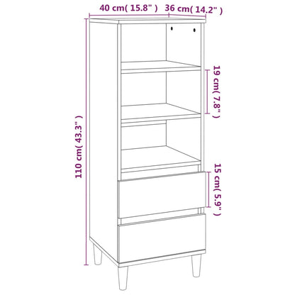 Aparador Lírio - Cor Branco Brilhante - Com 3 Prateleiras e 2 Gavetas - 40x36x110 cm -  Derivados de Madeira e Pernas em Madeira de Eucalipto Maciça - Design Nórdico