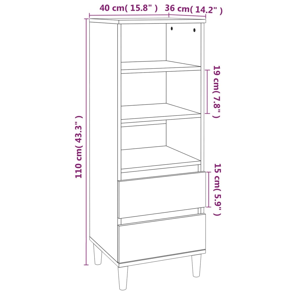 Aparador Lírio - Cor Castanho - Com 3 Prateleiras e 2 Gavetas - 40x36x110 cm -  Derivados de Madeira e Pernas em Madeira de Eucalipto Maciça - Design Nórdico