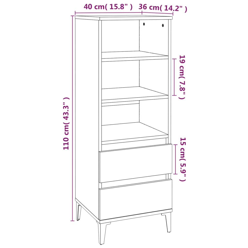 Aparador Lívia - Cor Branco - Com 3 Prateleiras e 2 Gavetas - 40x36x110 cm -  Derivados de Madeira - Design Minimalista