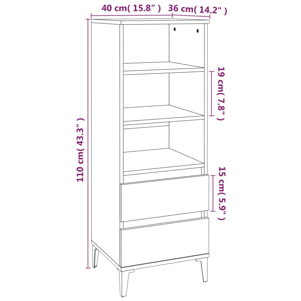 Aparador Lívia - Cor Branco Brilhante - Com 3 Prateleiras e 2 Gavetas - 40x36x110 cm -  Derivados de Madeira - Design Minimalista