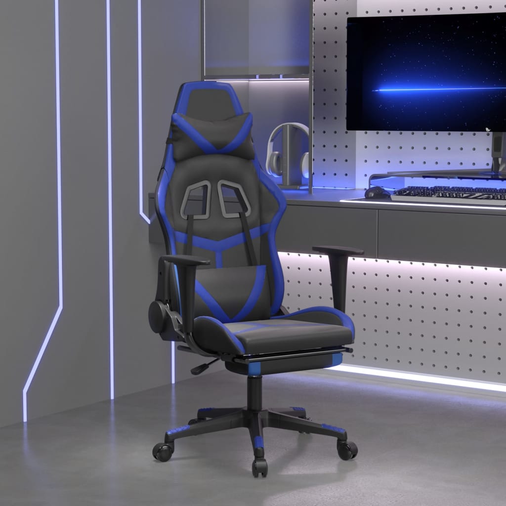 Cadeira gaming c/ apoio para pés couro artificial preto e azul