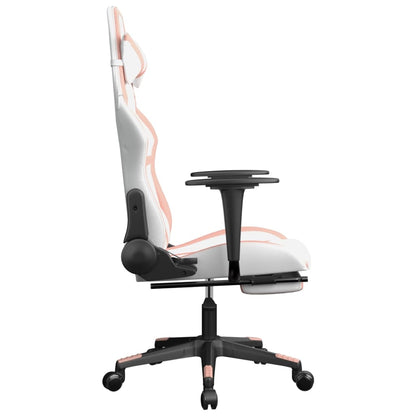 Cadeira gaming com apoio p/ pés couro artificial branco e rosa