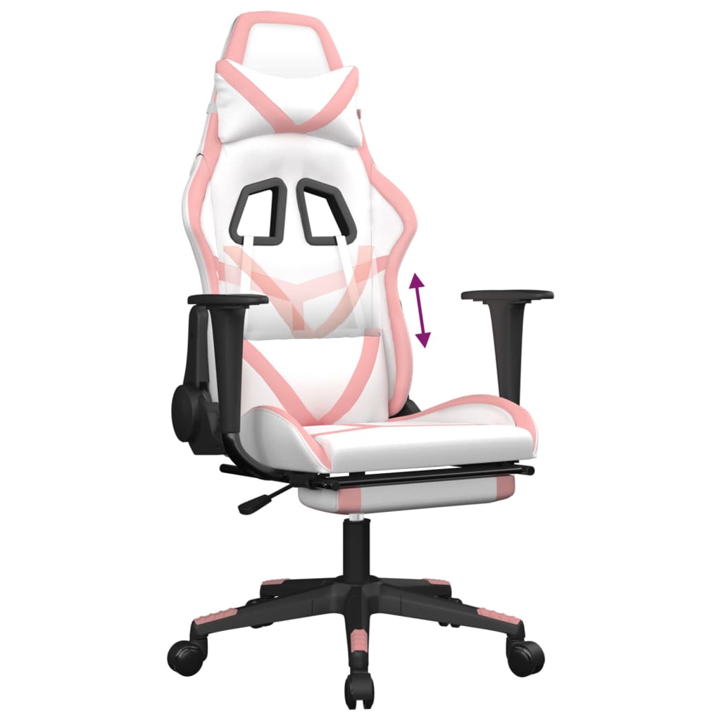 Cadeira gaming com apoio p/ pés couro artificial branco e rosa