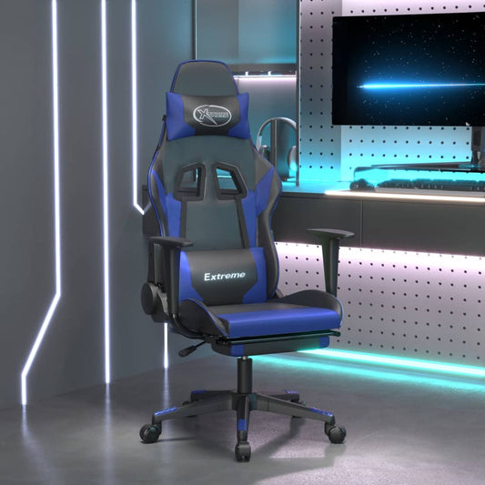 Cadeira gaming c/ apoio para pés couro artificial preto e azul