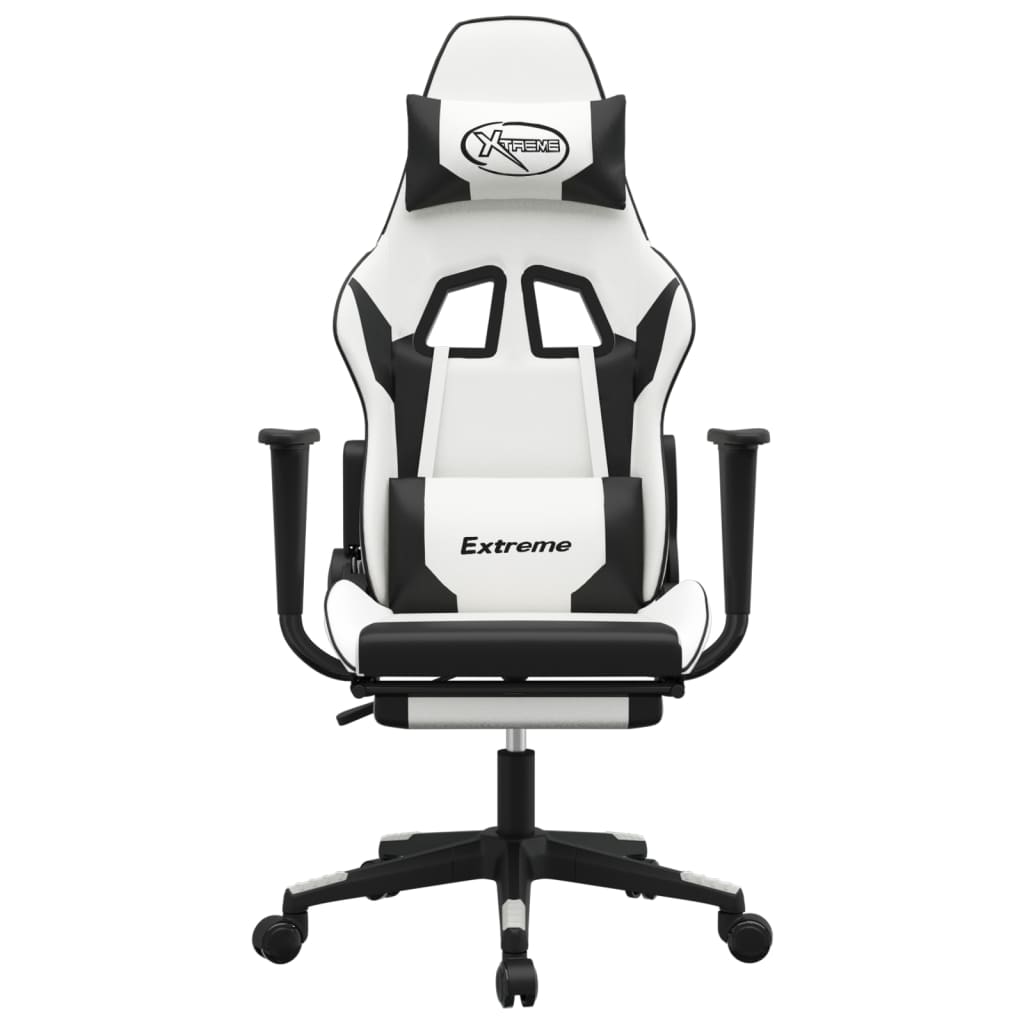 Cadeira gaming c/ apoio p/ pés couro artificial preto e branco