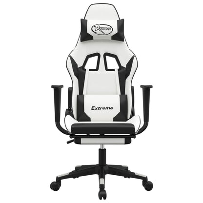 Cadeira gaming c/ apoio p/ pés couro artificial preto e branco