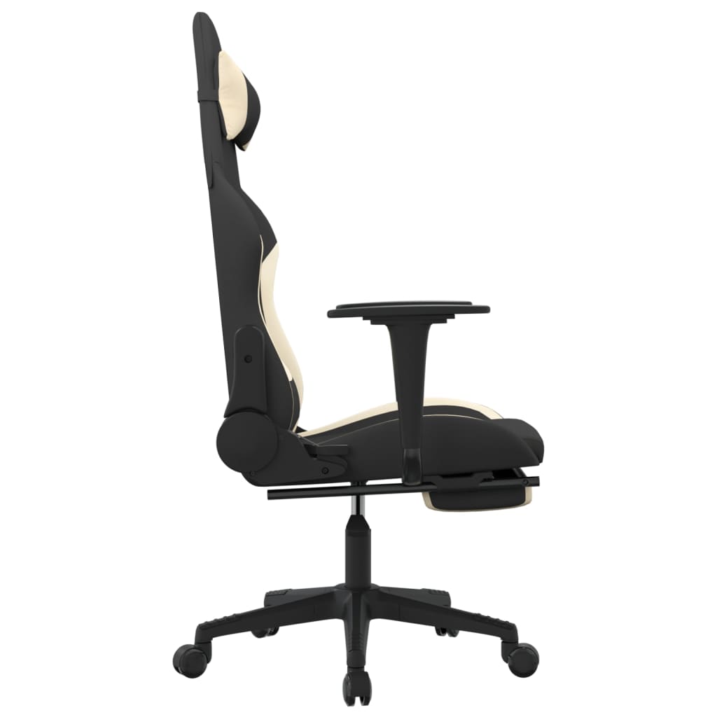 Cadeira Gaming Reclinável com Apoio de Pés em Tecido - Preto e Creme - Design Moderno