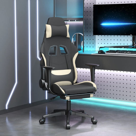 Cadeira Gaming Reclinável com Apoio de Pés em Tecido - Preto e Creme - Design Moderno