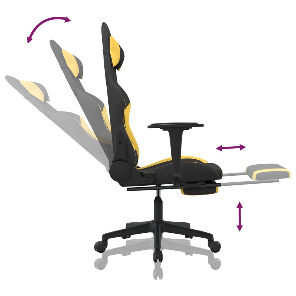 Cadeira Gaming Reclinável com Apoio de Pés em Tecido - Preto/Amarelo - Design Moderno