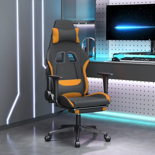 Cadeira Gaming Reclinável com Apoio de Pés em Tecido - Preto e Laranja - Design Moderno