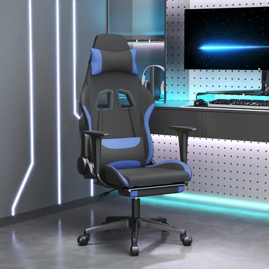 Cadeira Gaming Reclinável com Apoio de Pés em Tecido - Preto e Azul - Design Moderno