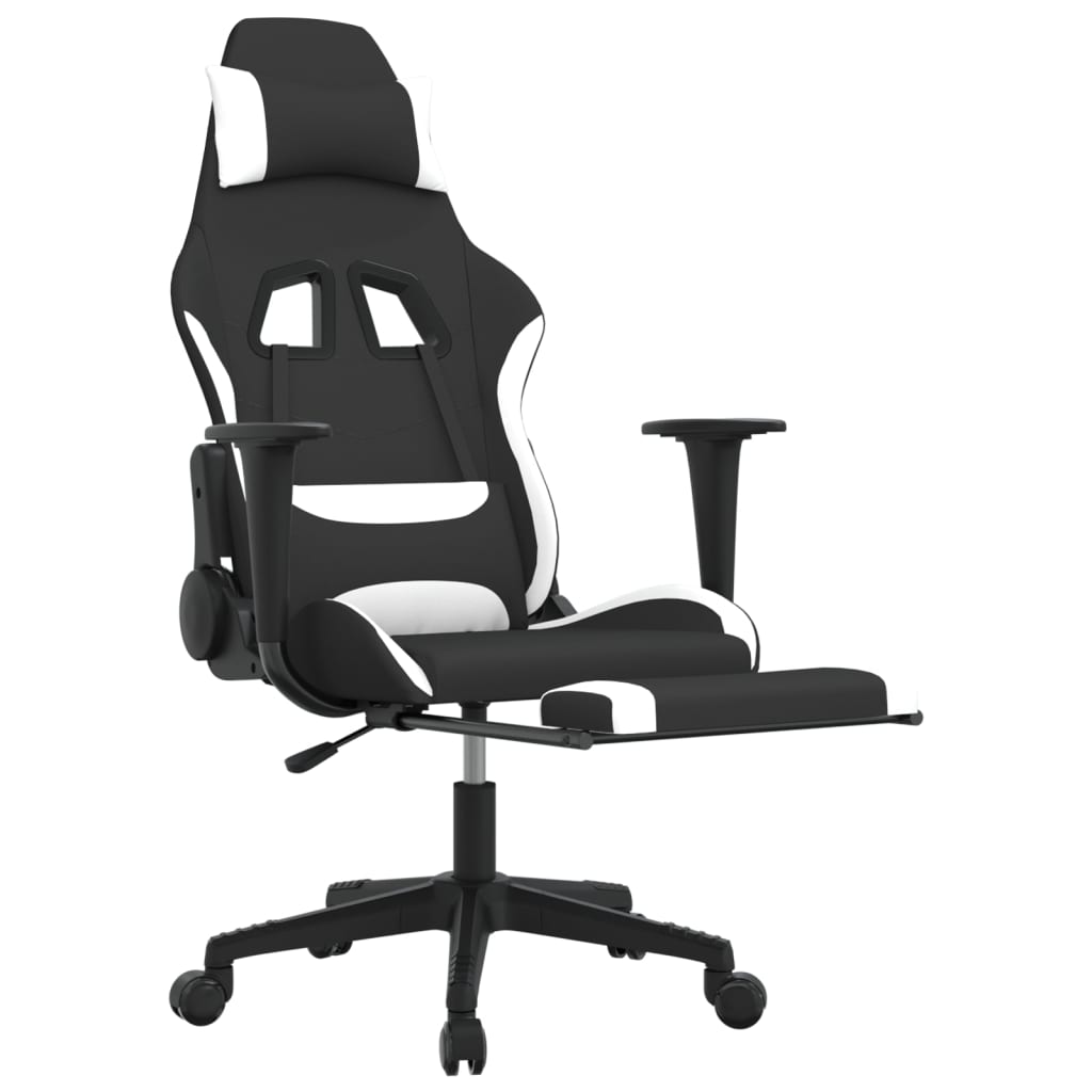 Cadeira Gaming Reclinável com Apoio de Pés em Tecido - Preto/Branco - Design Moderno