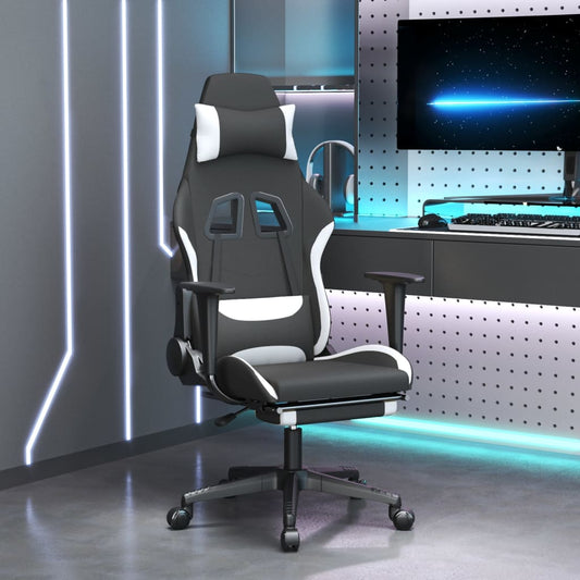 Cadeira Gaming Reclinável com Apoio de Pés em Tecido - Preto/Branco - Design Moderno