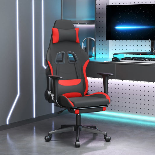 Cadeira Gaming Reclinável com Apoio de Pés em Tecido - Preto e Vermelho - Design Moderno