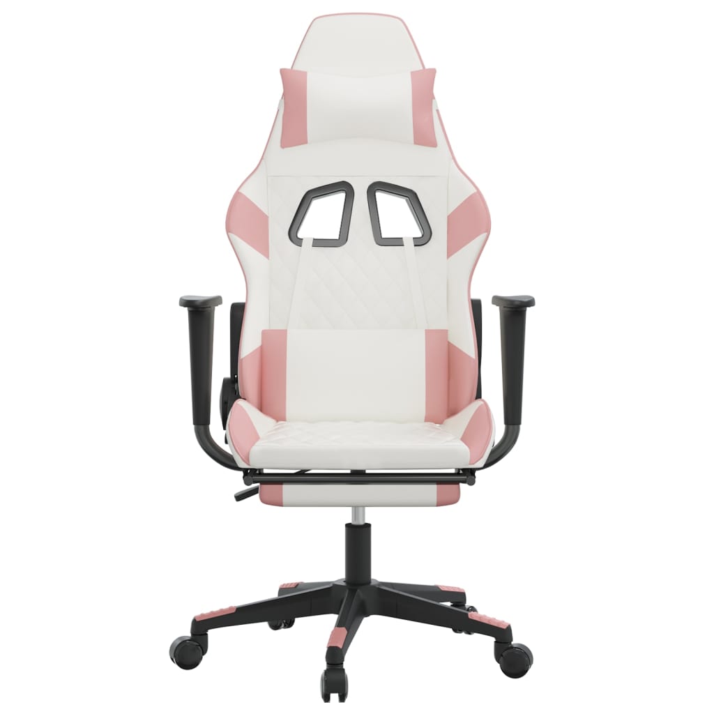 Cadeira gaming com apoio p/ pés couro artificial branco e rosa