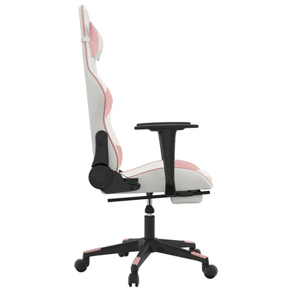 Cadeira gaming com apoio p/ pés couro artificial branco e rosa