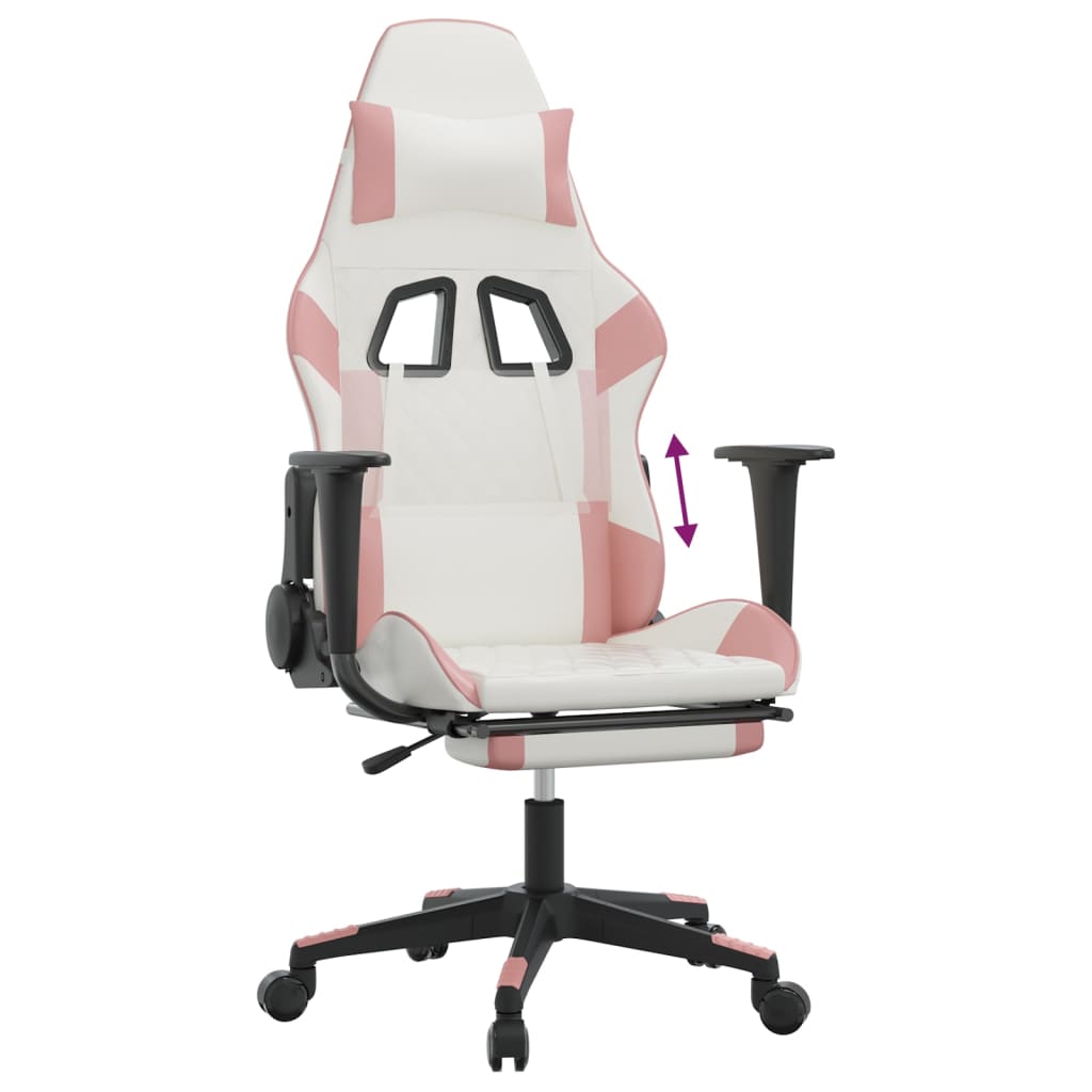 Cadeira gaming com apoio p/ pés couro artificial branco e rosa