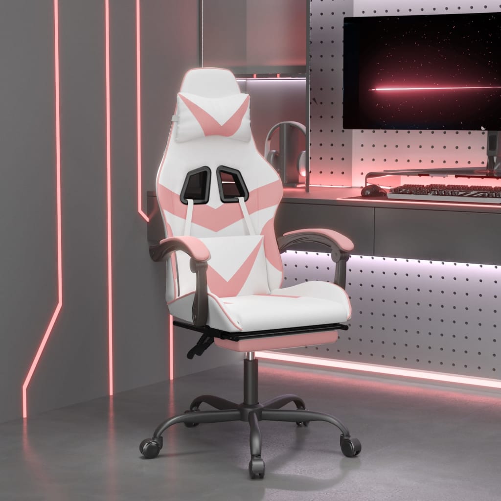 Cadeira gaming com apoio p/ pés couro artificial branco e rosa