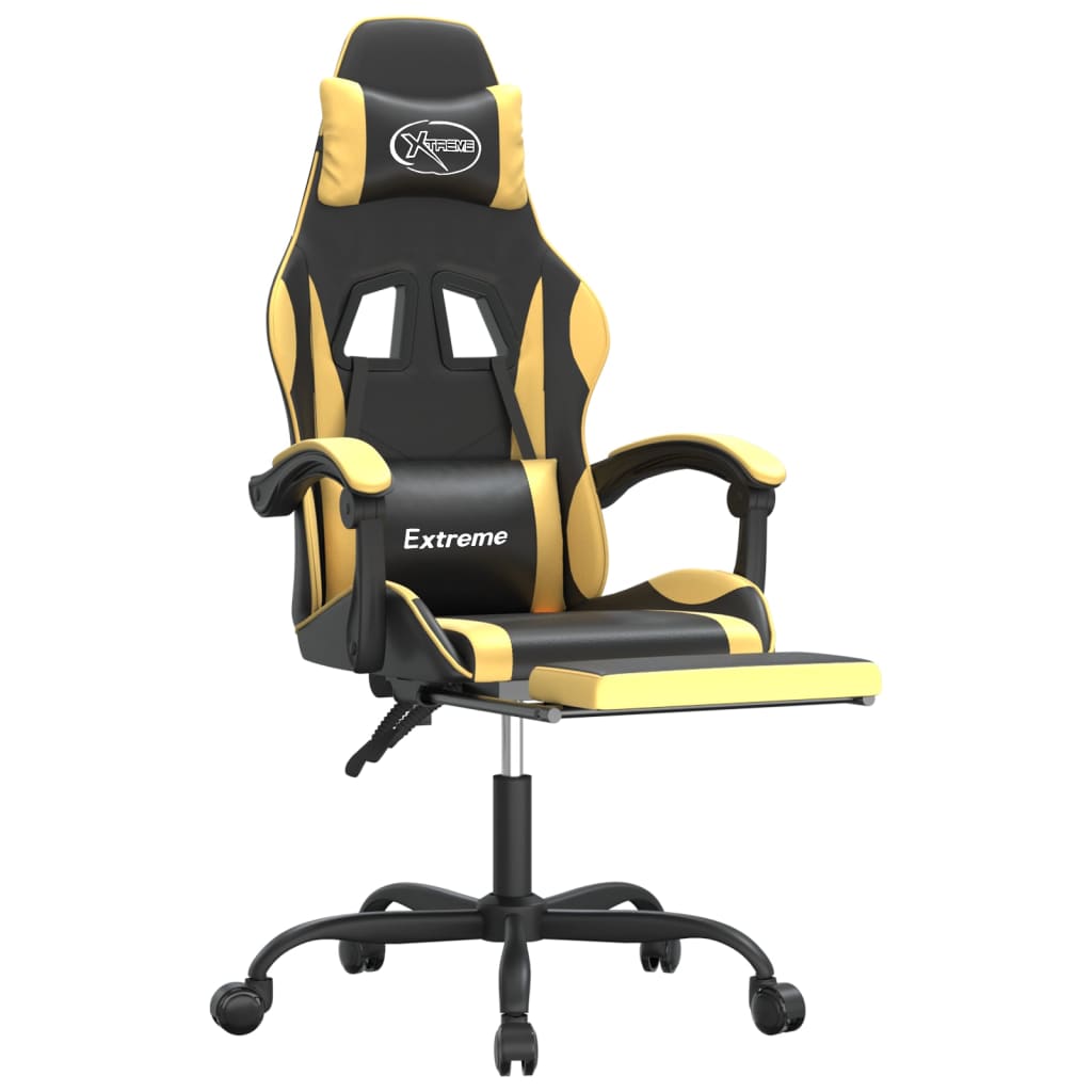 Cadeira gaming c/ apoio pés couro artificial preto e dourado