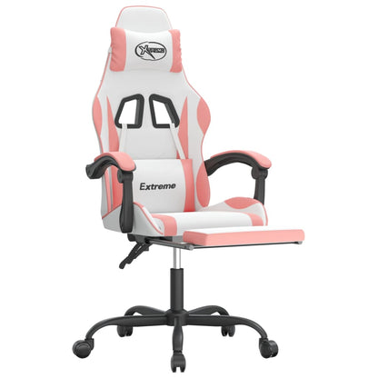 Cadeira gaming com apoio p/ pés couro artificial branco e rosa