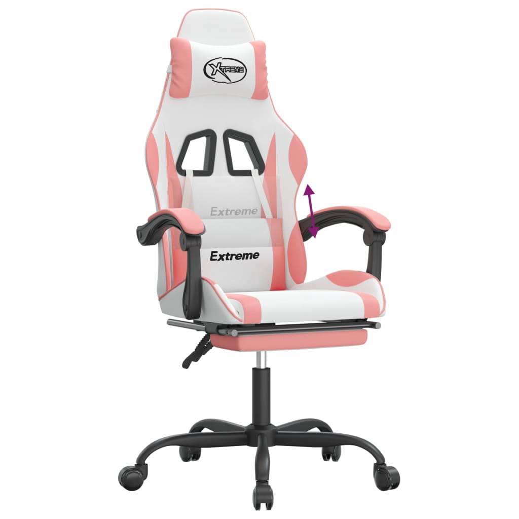 Cadeira gaming com apoio p/ pés couro artificial branco e rosa