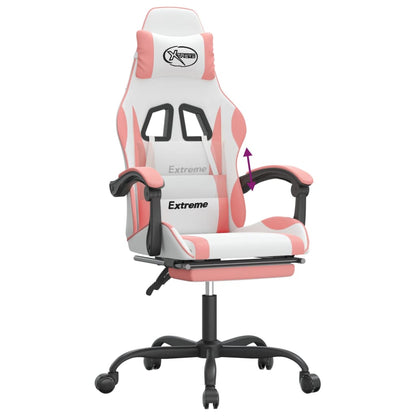 Cadeira gaming com apoio p/ pés couro artificial branco e rosa