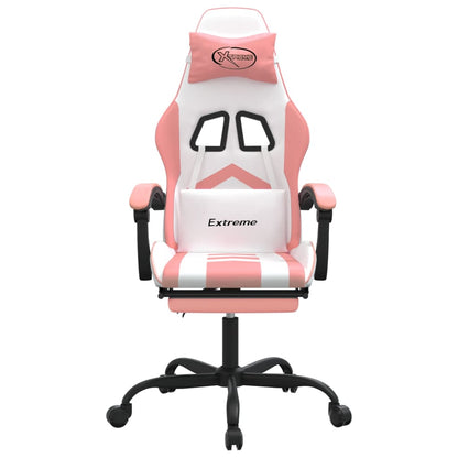 Cadeira gaming com apoio p/ pés couro artificial branco e rosa