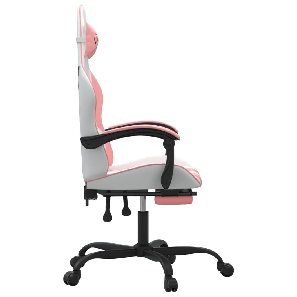 Cadeira gaming com apoio p/ pés couro artificial branco e rosa