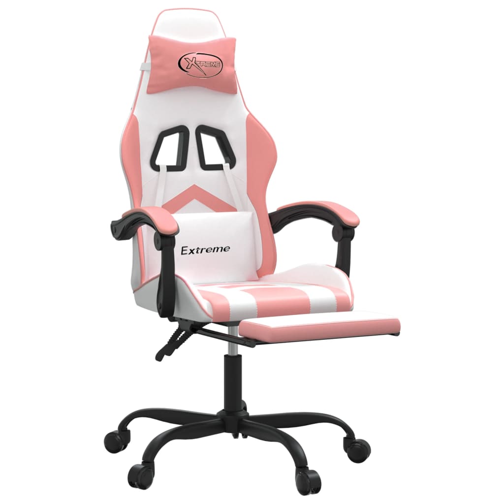 Cadeira gaming com apoio p/ pés couro artificial branco e rosa