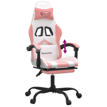 Cadeira gaming com apoio p/ pés couro artificial branco e rosa