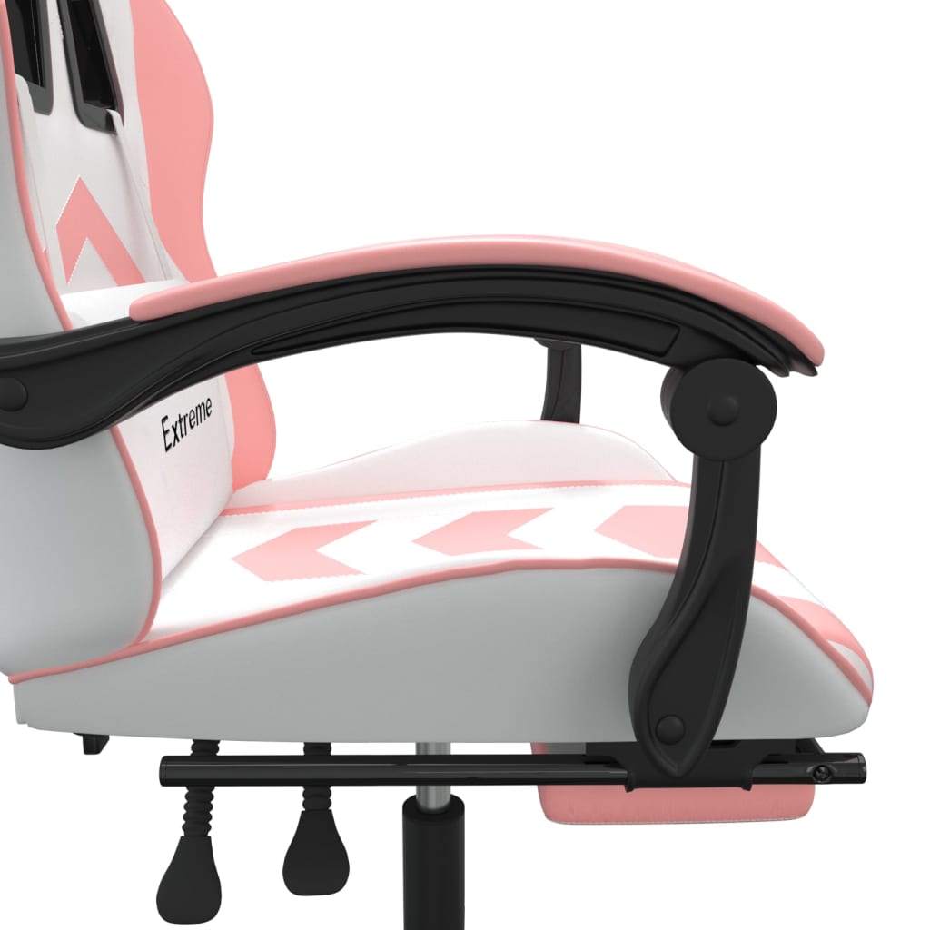 Cadeira gaming com apoio p/ pés couro artificial branco e rosa