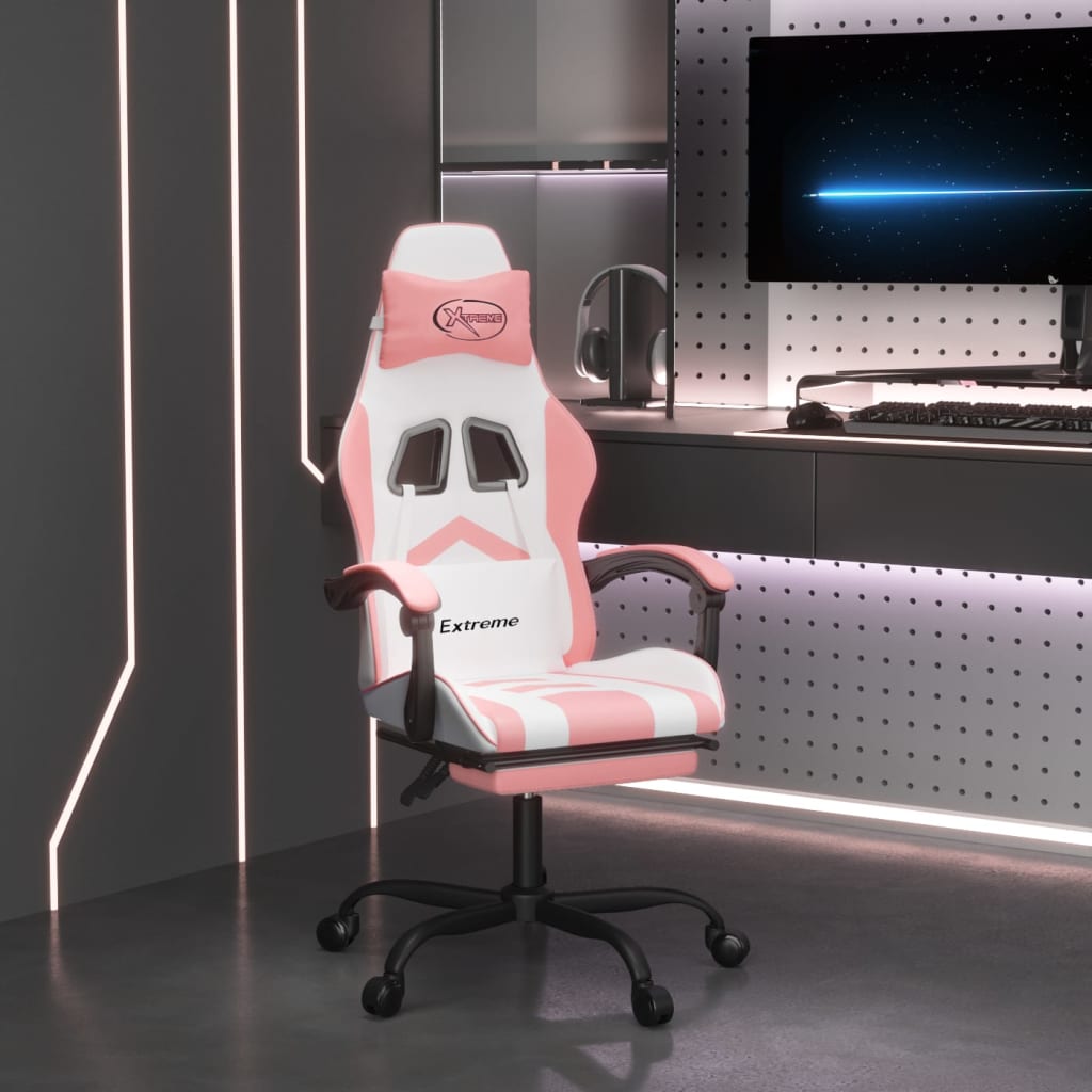 Cadeira gaming com apoio p/ pés couro artificial branco e rosa